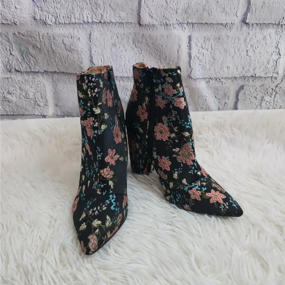 Charlotte Russe Black And Pink Floral Embroidered Dark Romantic Ankle Boots